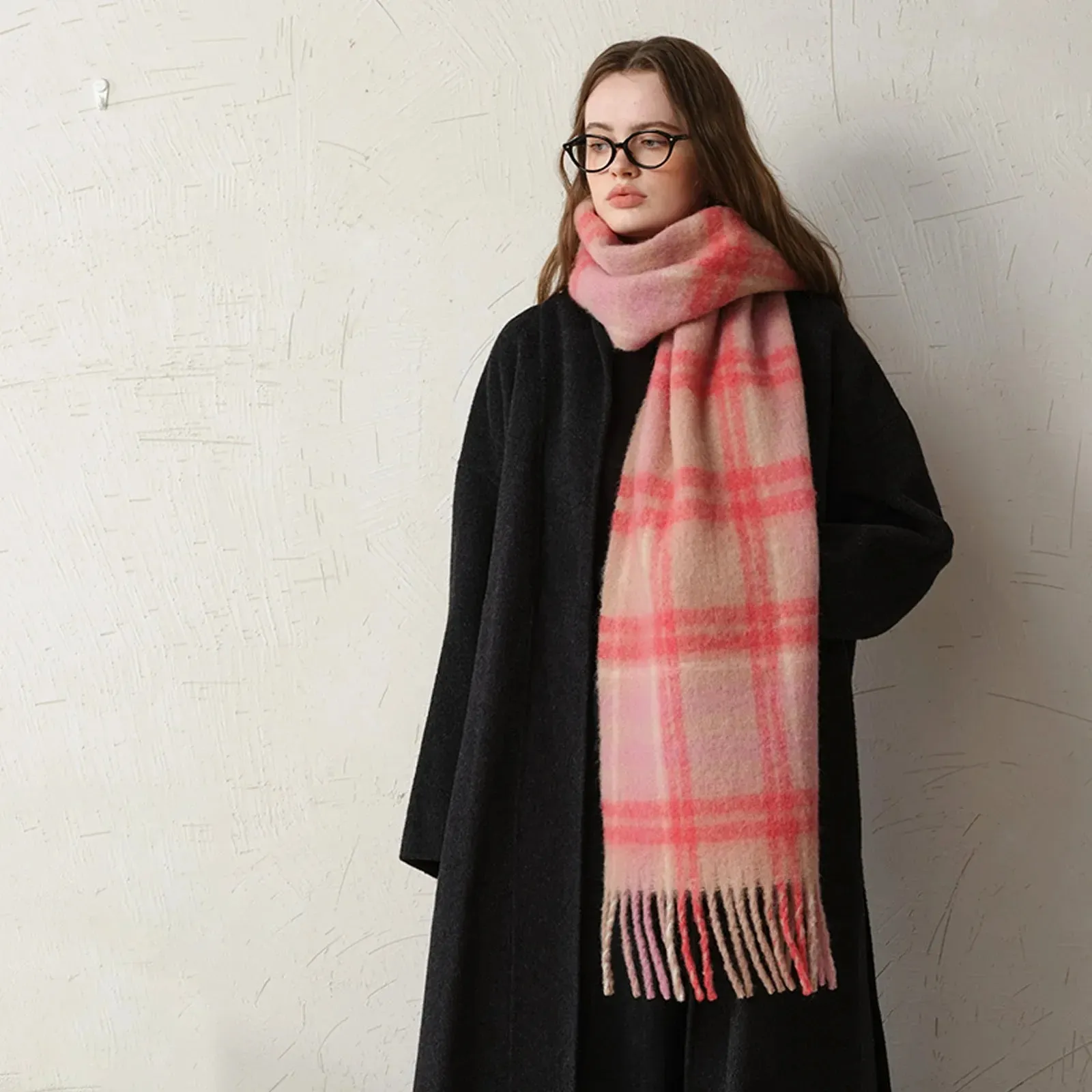 Pink Plaid Wool Scarf for Women - Elegant Winter Accessory