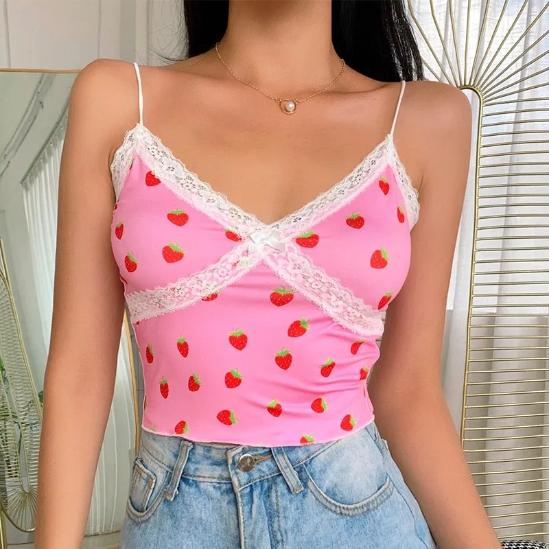 Pink Sweet Style Cute Crop Top Lace Edge Streetwear Strawberry Pattern Sleeveless