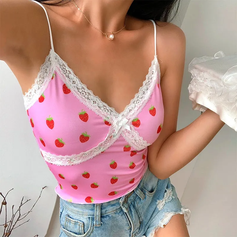 Pink Sweet Style Cute Crop Top Lace Edge Streetwear Strawberry Pattern Sleeveless