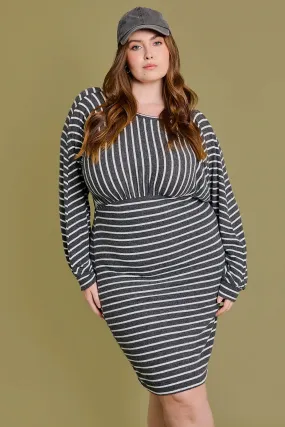 Plus Size Long Sleeve Mini Stripe Knit Dress