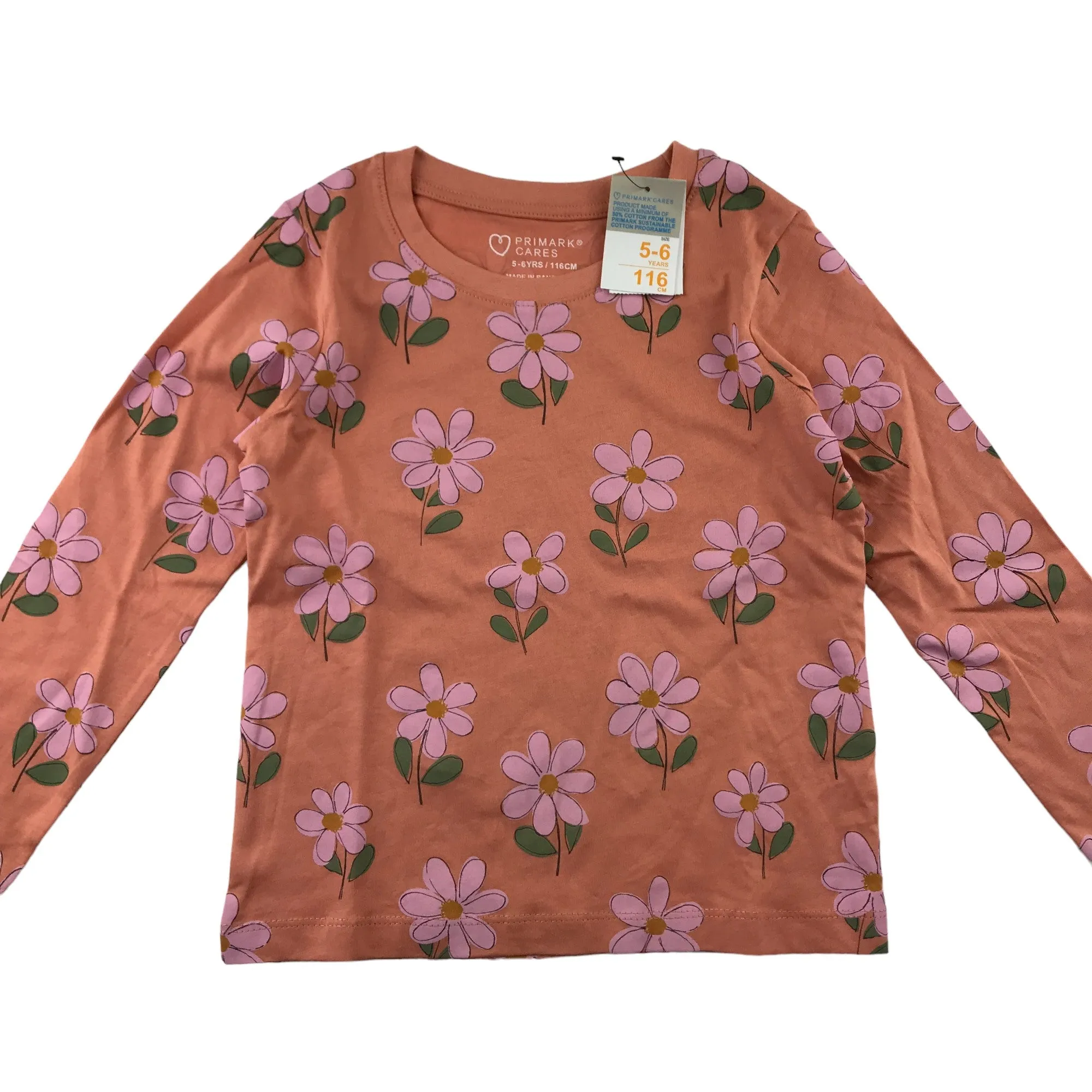 Primark t-shirt 5-6 years peachy orange long sleeve floral pattern cotton