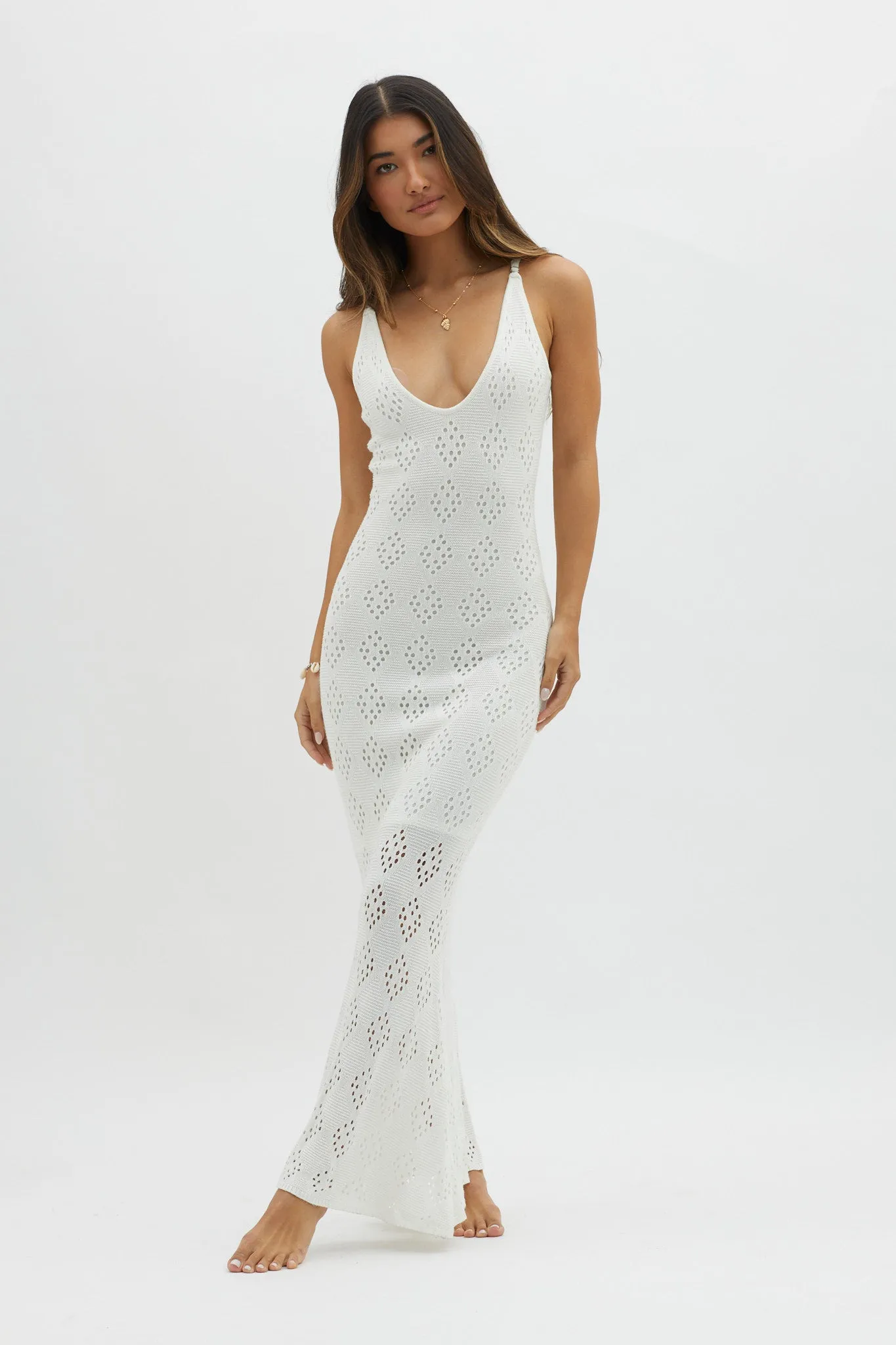 Raven Cami Strap Crochet Maxi Dress White