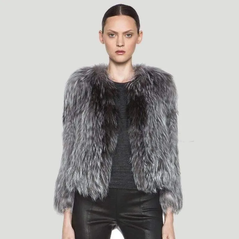 Real Natural Fox Fur Knitted Silver Fox Fur Coat