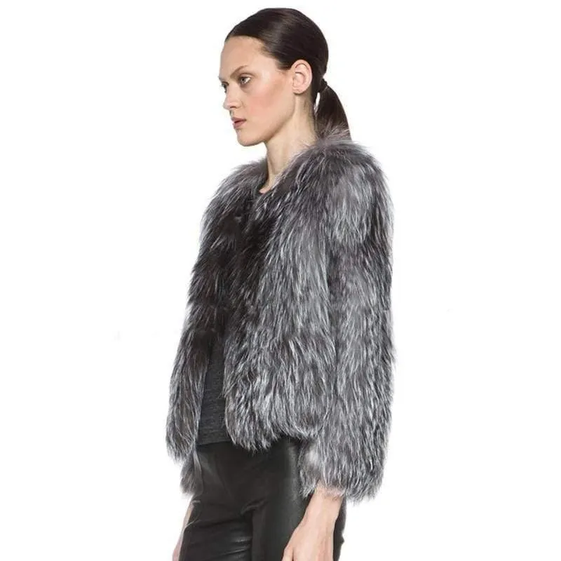 Real Natural Fox Fur Knitted Silver Fox Fur Coat