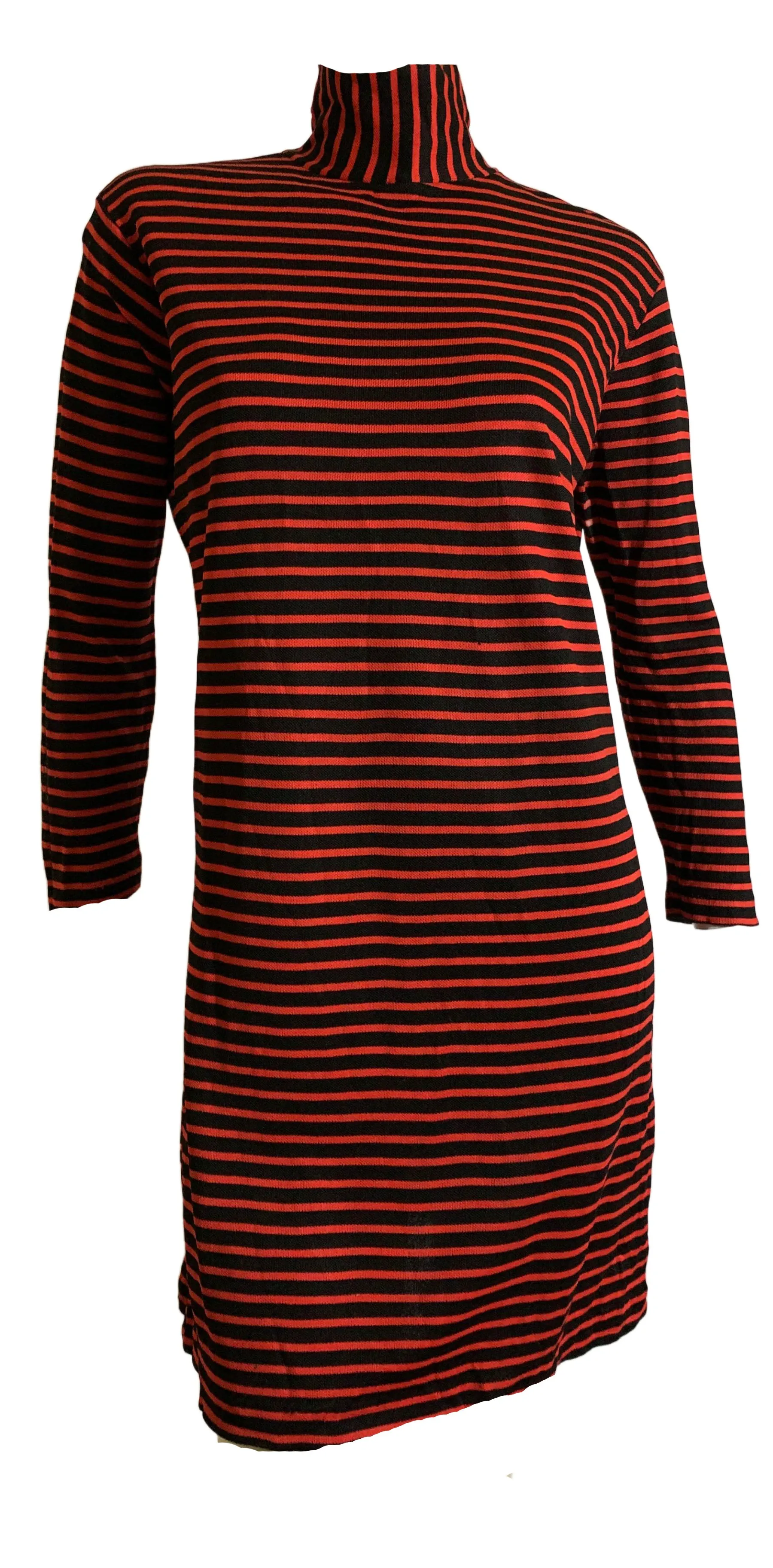 Red and Black Striped Poly Knit Long Sleeved Shirt Dress circa 1970s