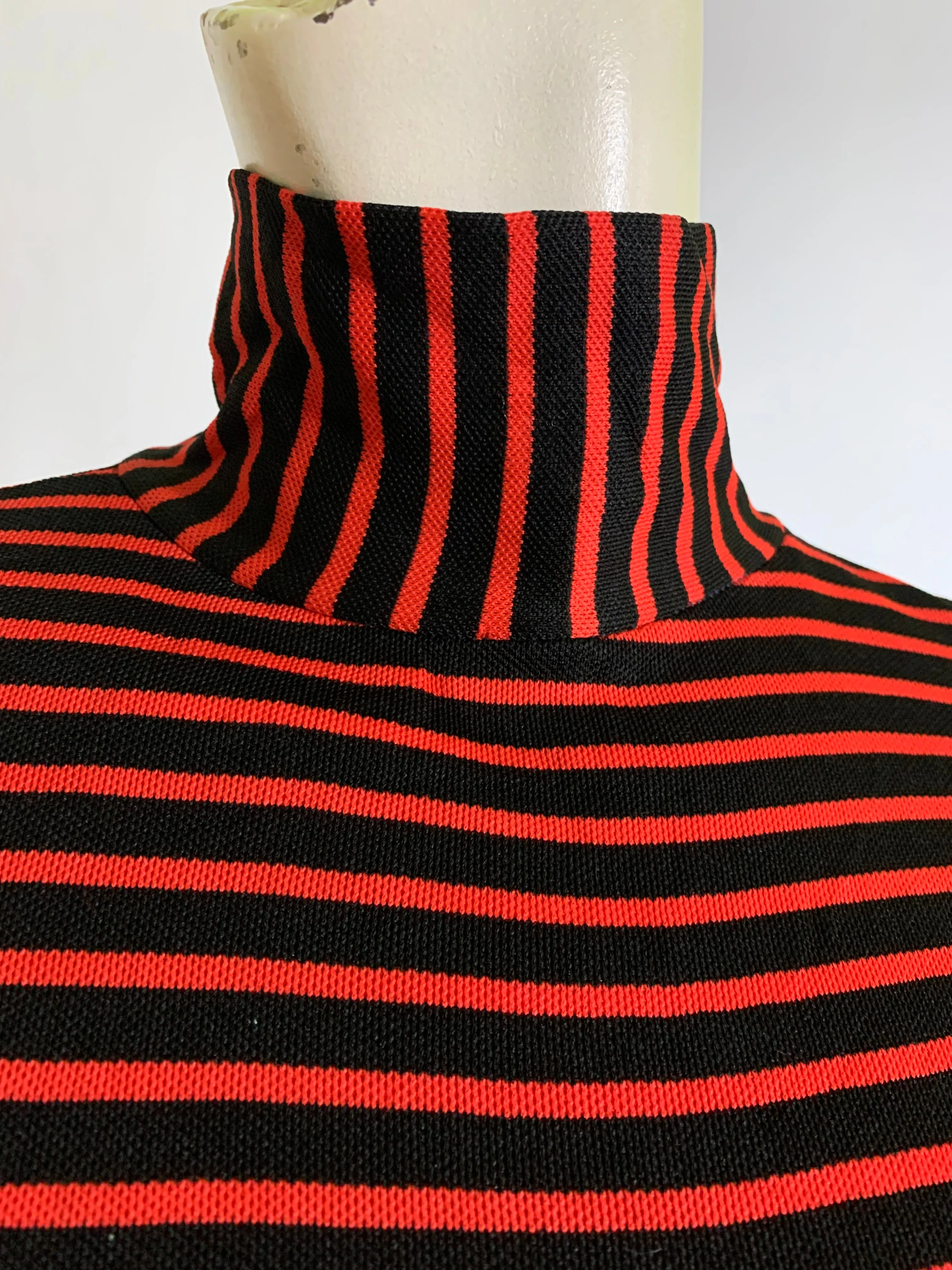 Red and Black Striped Poly Knit Long Sleeved Shirt Dress circa 1970s