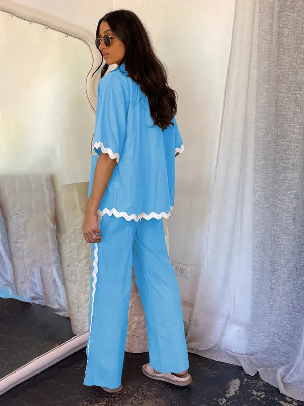 Relaxed Ric-Rac Trim Shirt & Pants Set - Women's Summer Vacay Attire