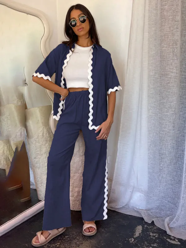 Relaxed Ric-Rac Trim Shirt & Pants Set - Women's Summer Vacay Attire