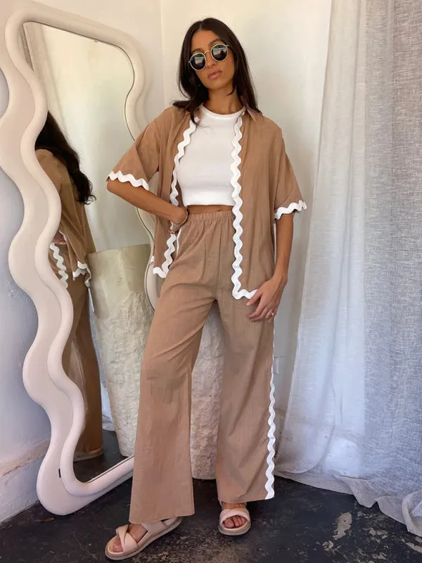 Relaxed Ric-Rac Trim Shirt & Pants Set - Women's Summer Vacay Attire