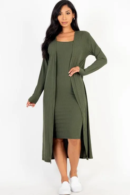 Ribbed Cardigan & Cami Midi Bodycon Dress (CAPELLA)