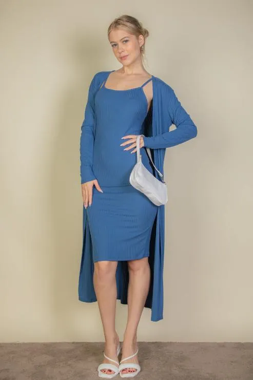 Ribbed Cardigan & Cami Midi Bodycon Dress (CAPELLA)