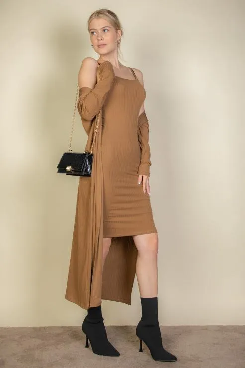 Ribbed Cardigan & Cami Midi Bodycon Dress (CAPELLA)