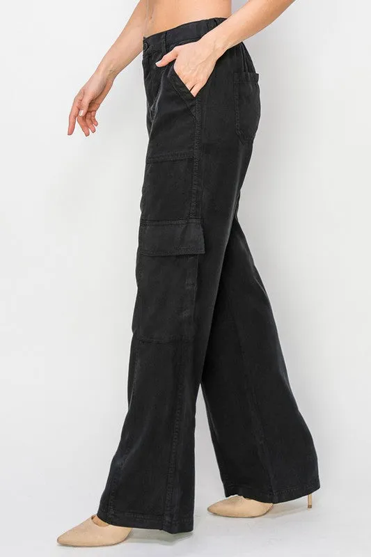 RISEN JEANS TENCEL WIDE LEG CARGO PANTS - BLACK