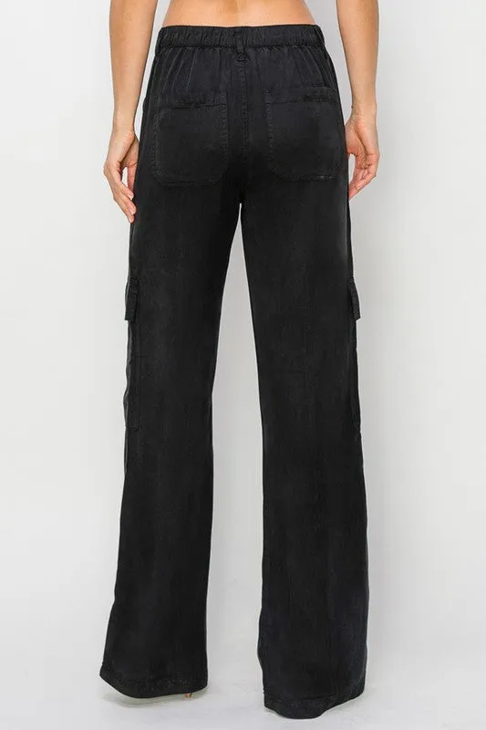 RISEN JEANS TENCEL WIDE LEG CARGO PANTS - BLACK