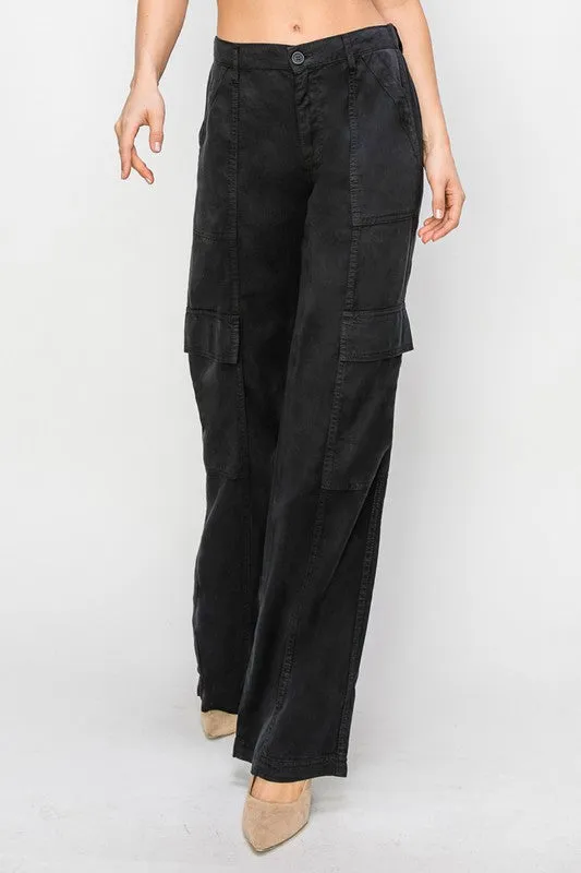 RISEN JEANS TENCEL WIDE LEG CARGO PANTS - BLACK