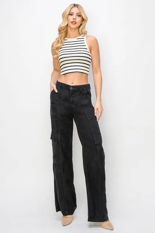 RISEN JEANS TENCEL WIDE LEG CARGO PANTS - BLACK