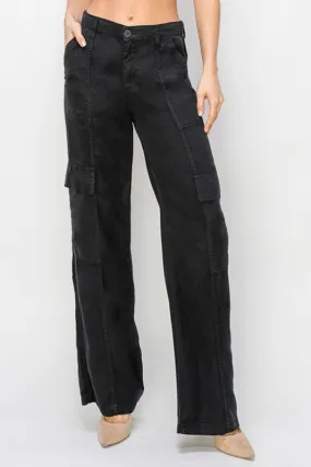 RISEN JEANS TENCEL WIDE LEG CARGO PANTS - BLACK