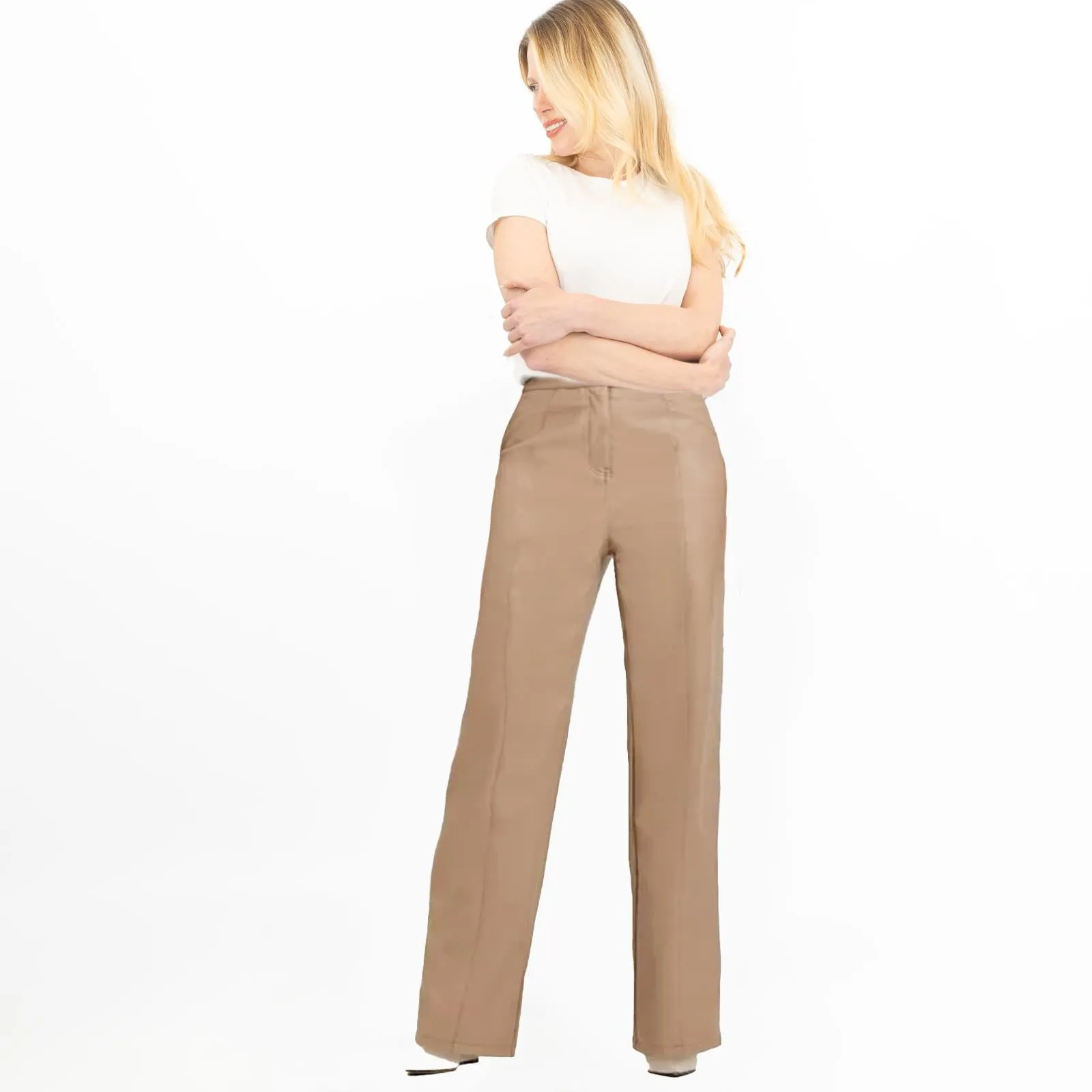 River Island Faux Leather Straight Leg Trousers Tan