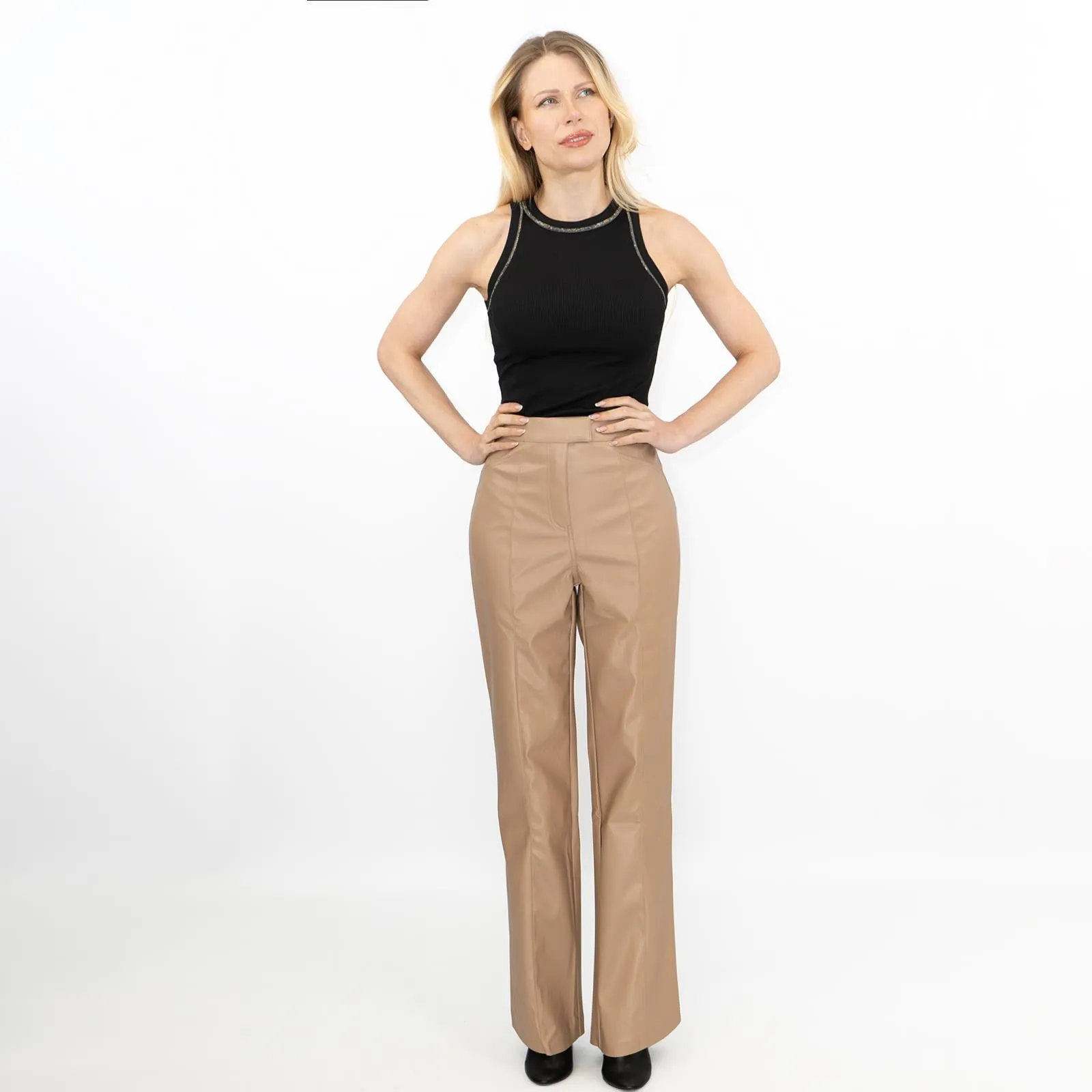 River Island Faux Leather Straight Leg Trousers Tan