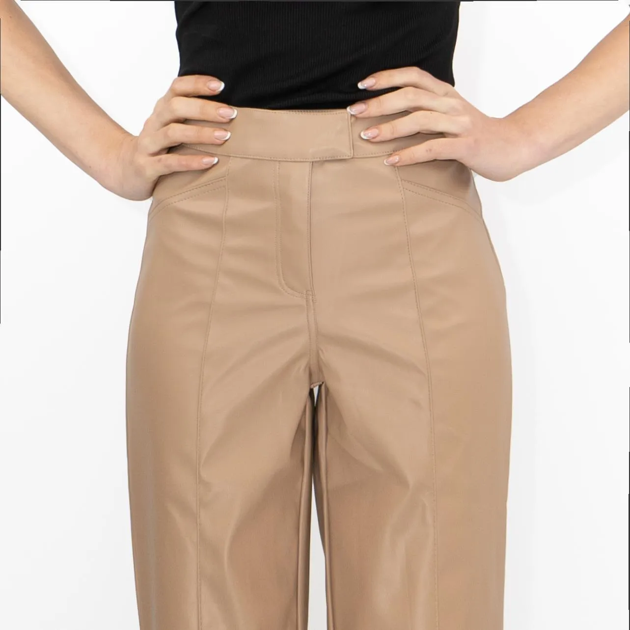 River Island Faux Leather Straight Leg Trousers Tan