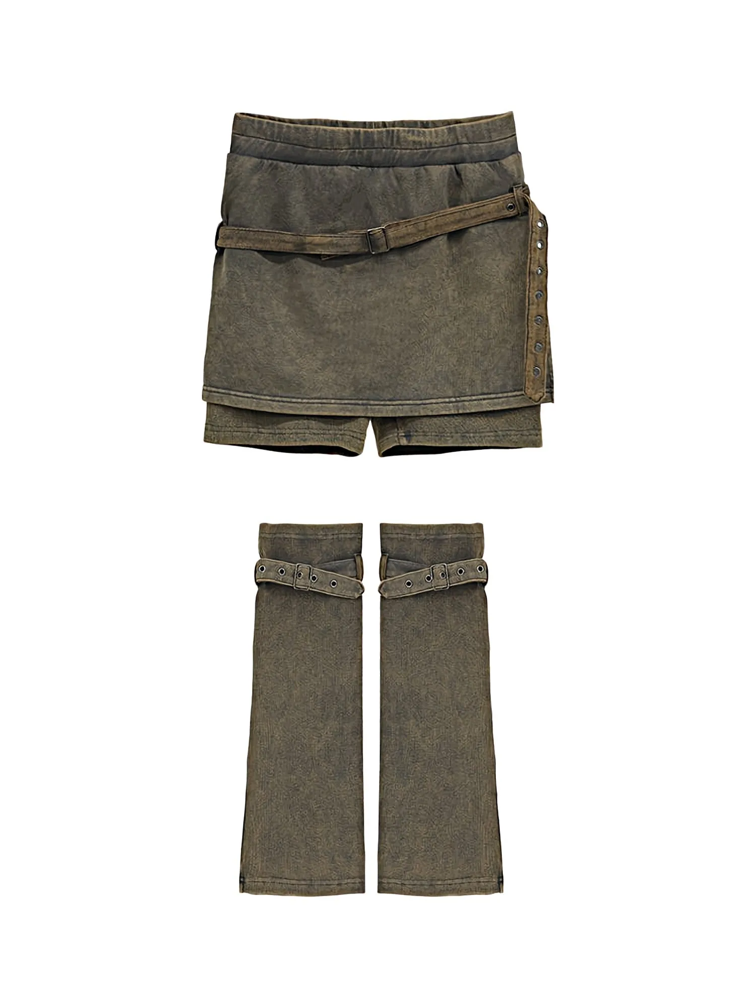 Sandblast Dyed Layered Skirt Skort and Leg Warmers Set