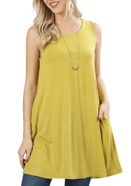 Sleeveless Swing Tunic with Pockets - Wasabi