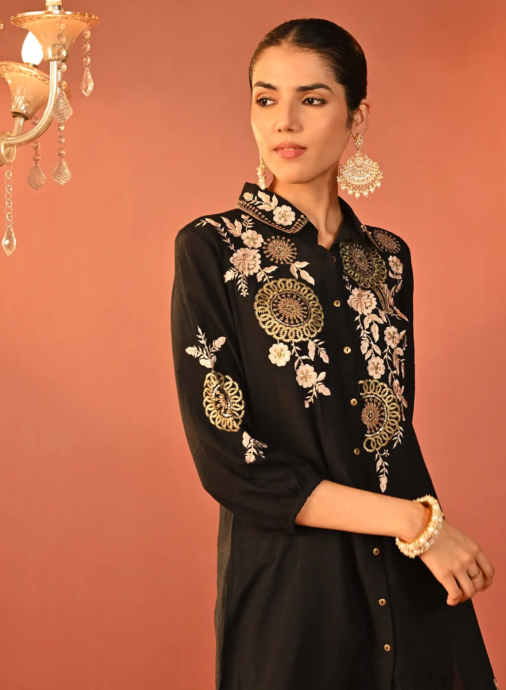 Soha Black Embroidered Cotton Linen Tunic for Women