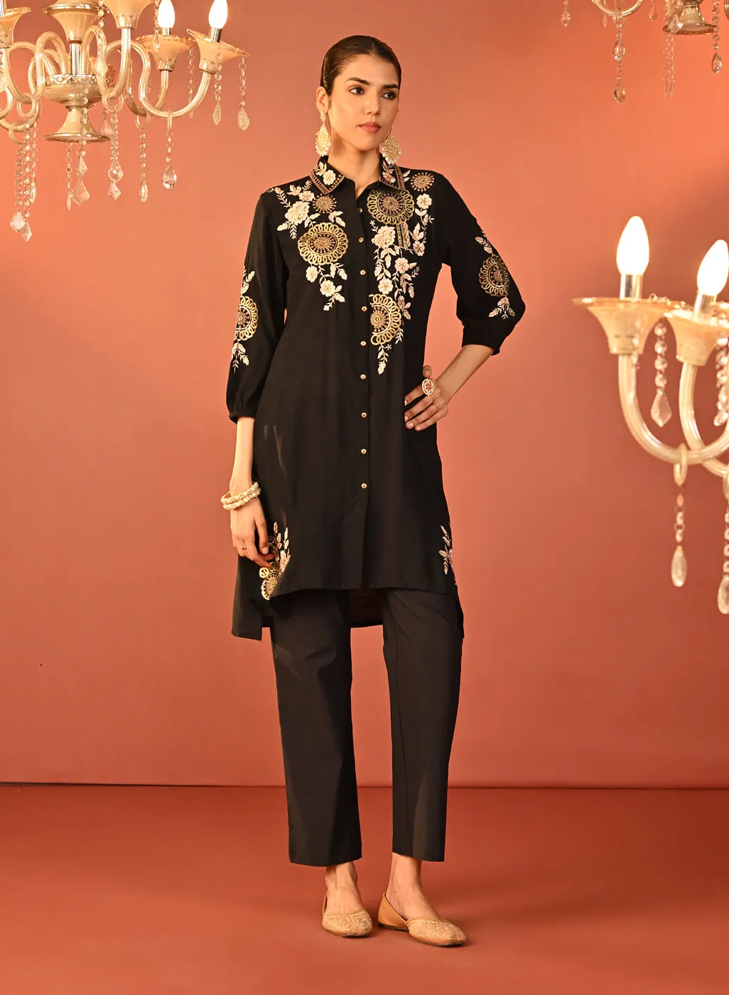 Soha Black Embroidered Cotton Linen Tunic for Women