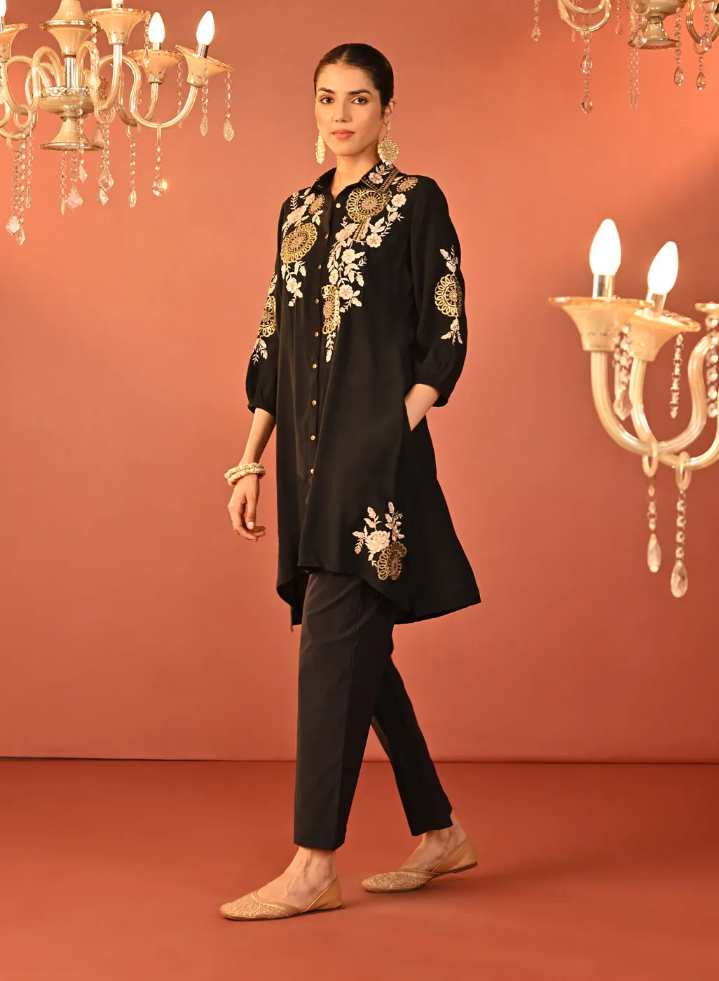 Soha Black Embroidered Cotton Linen Tunic for Women