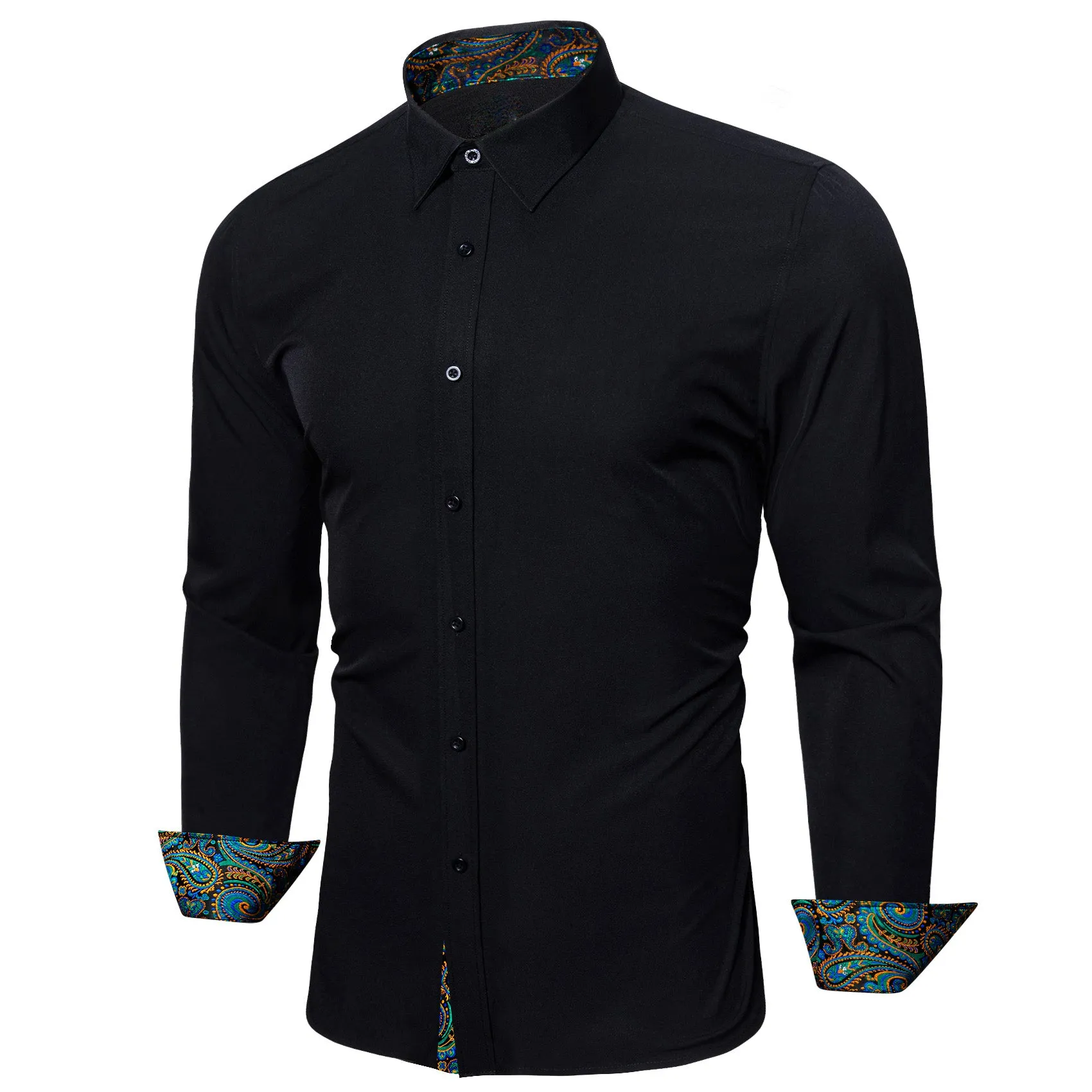 Splicing Style Black with Blue Green Paisley Edge Men's Long Sleeve Shirt