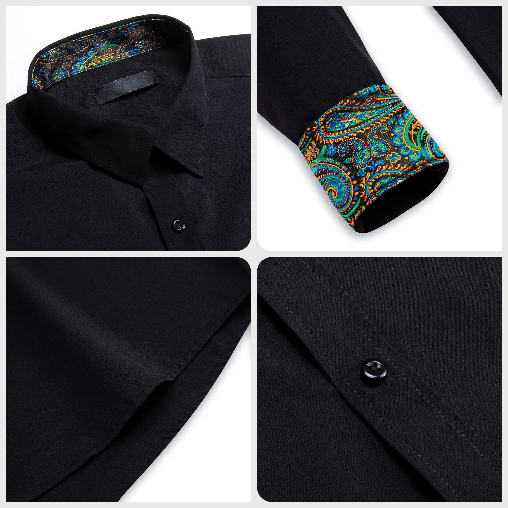 Splicing Style Black with Blue Green Paisley Edge Men's Long Sleeve Shirt