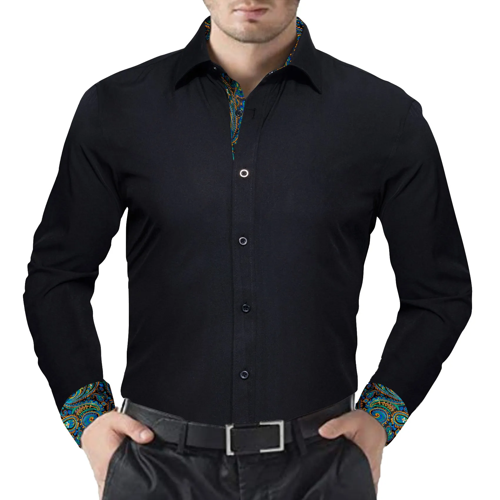 Splicing Style Black with Blue Green Paisley Edge Men's Long Sleeve Shirt