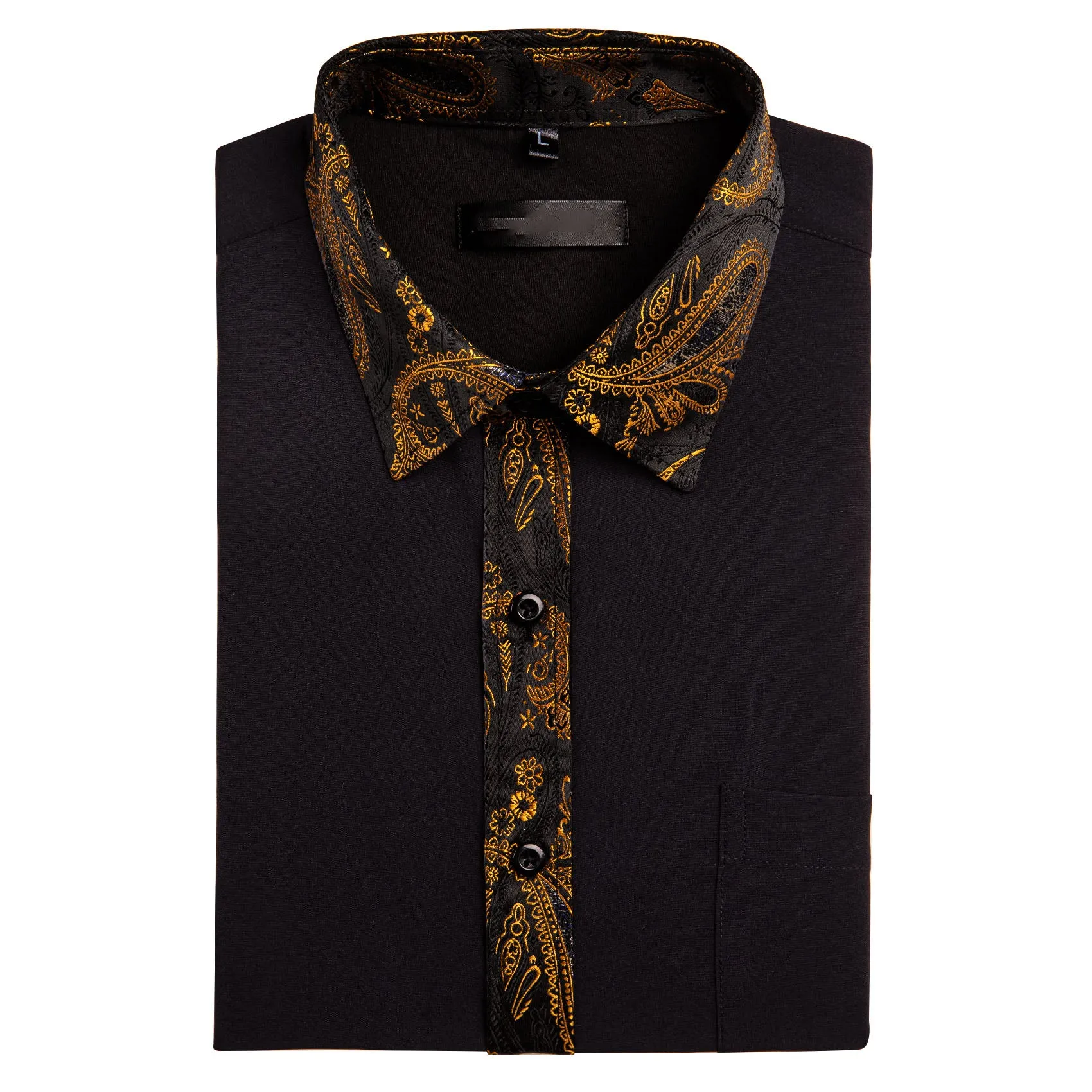 Splicing Style Black with Gold Paisley Flower Edge Men's Long Sleeve Shirt