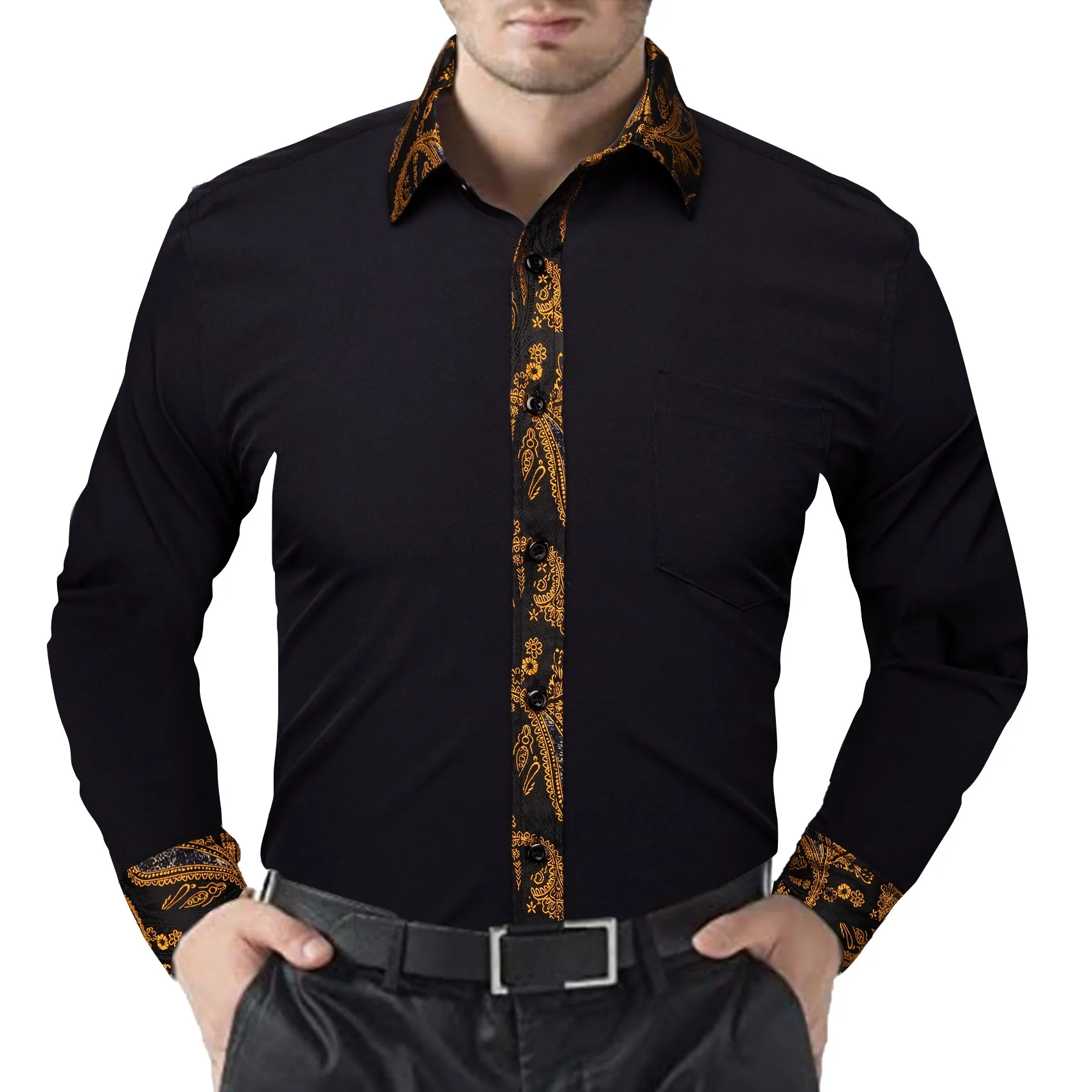 Splicing Style Black with Gold Paisley Flower Edge Men's Long Sleeve Shirt