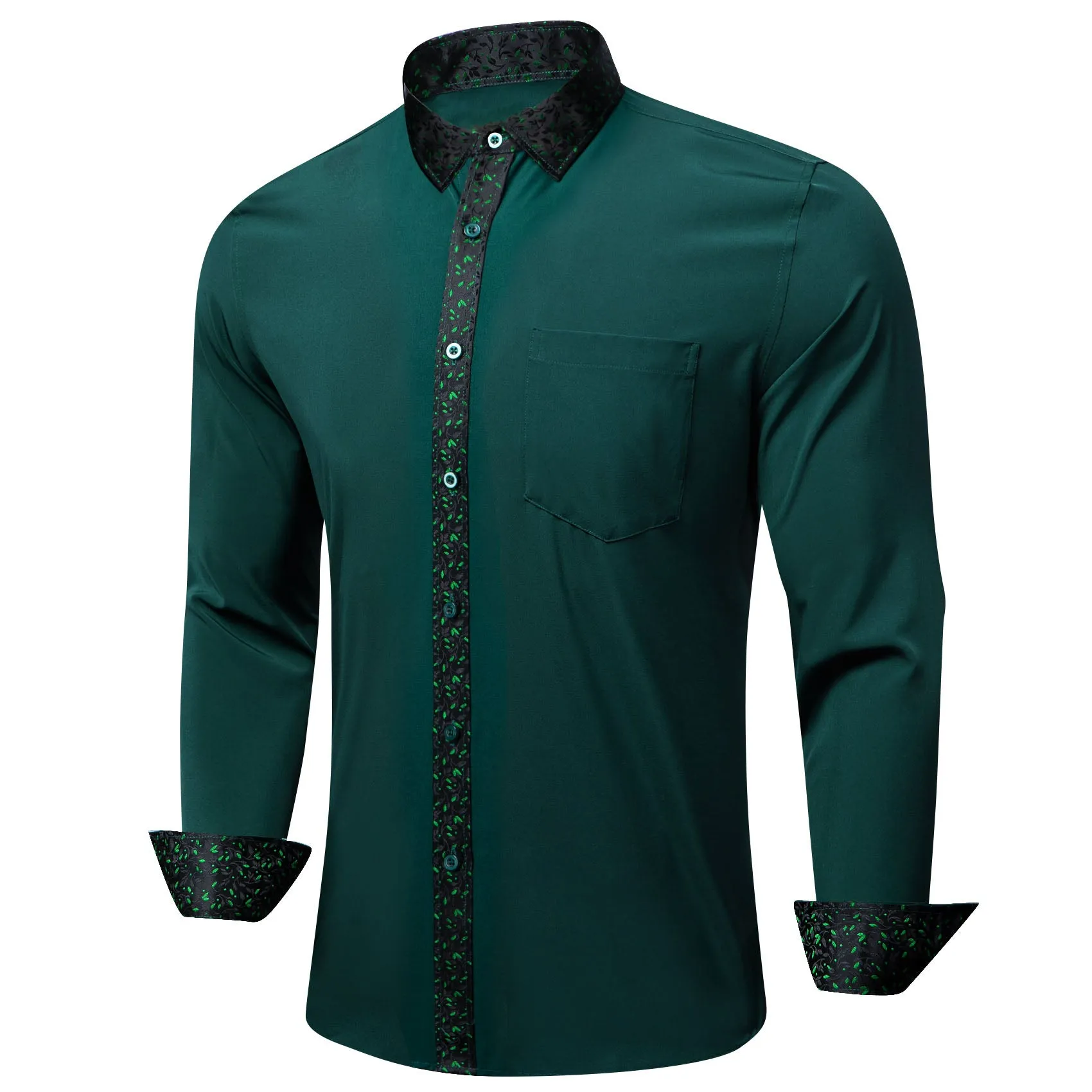 Splicing Style Dark Green with Black Green Floral Leaf Edge Men's Long Sleeve Shirt