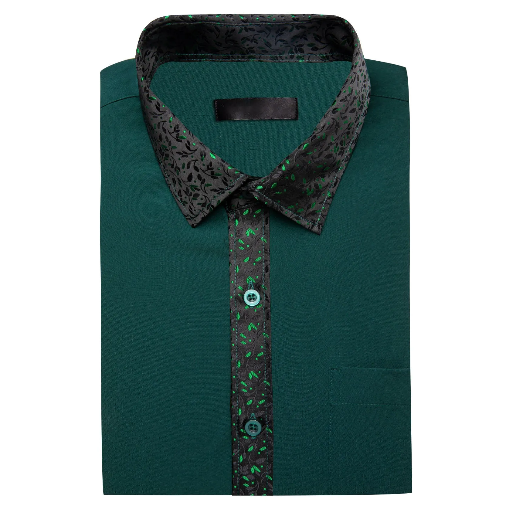 Splicing Style Dark Green with Black Green Floral Leaf Edge Men's Long Sleeve Shirt