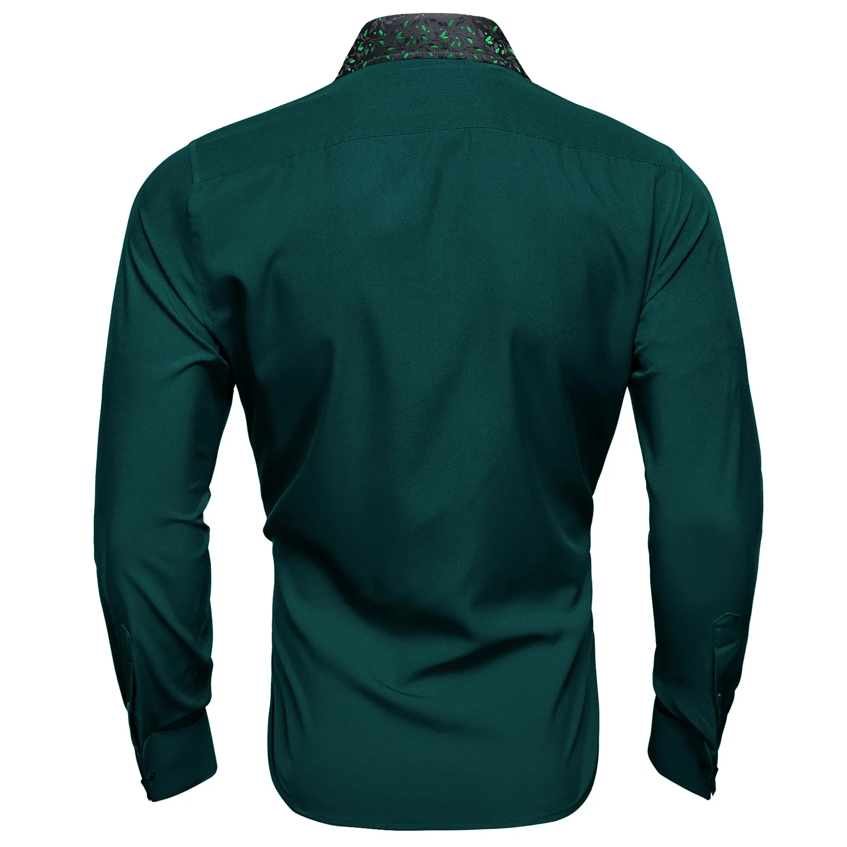 Splicing Style Dark Green with Black Green Floral Leaf Edge Men's Long Sleeve Shirt