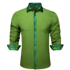 Splicing Style Grass Green with Blue Green Paisley Edge Men's Long Sleeve Shirt