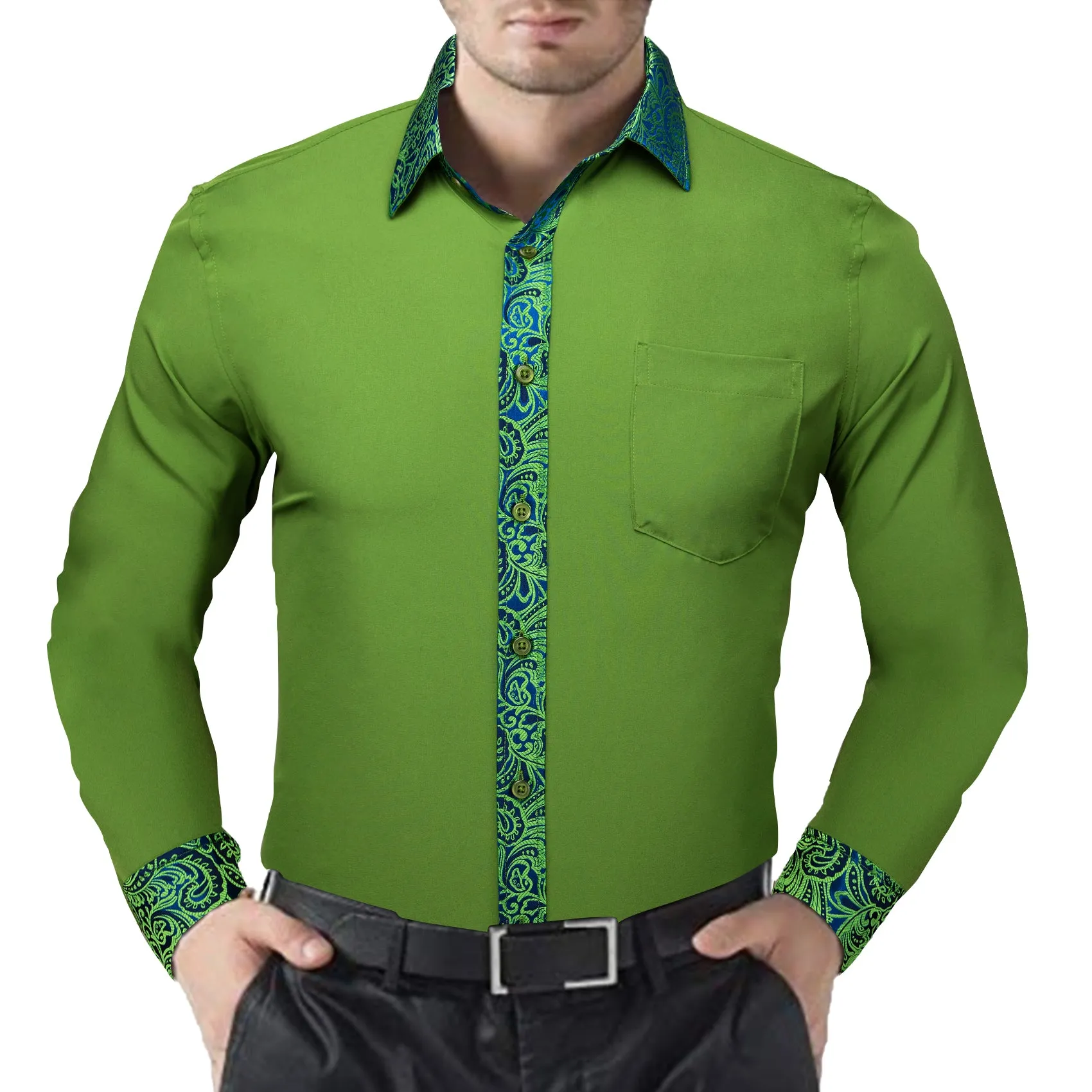 Splicing Style Grass Green with Blue Green Paisley Edge Men's Long Sleeve Shirt