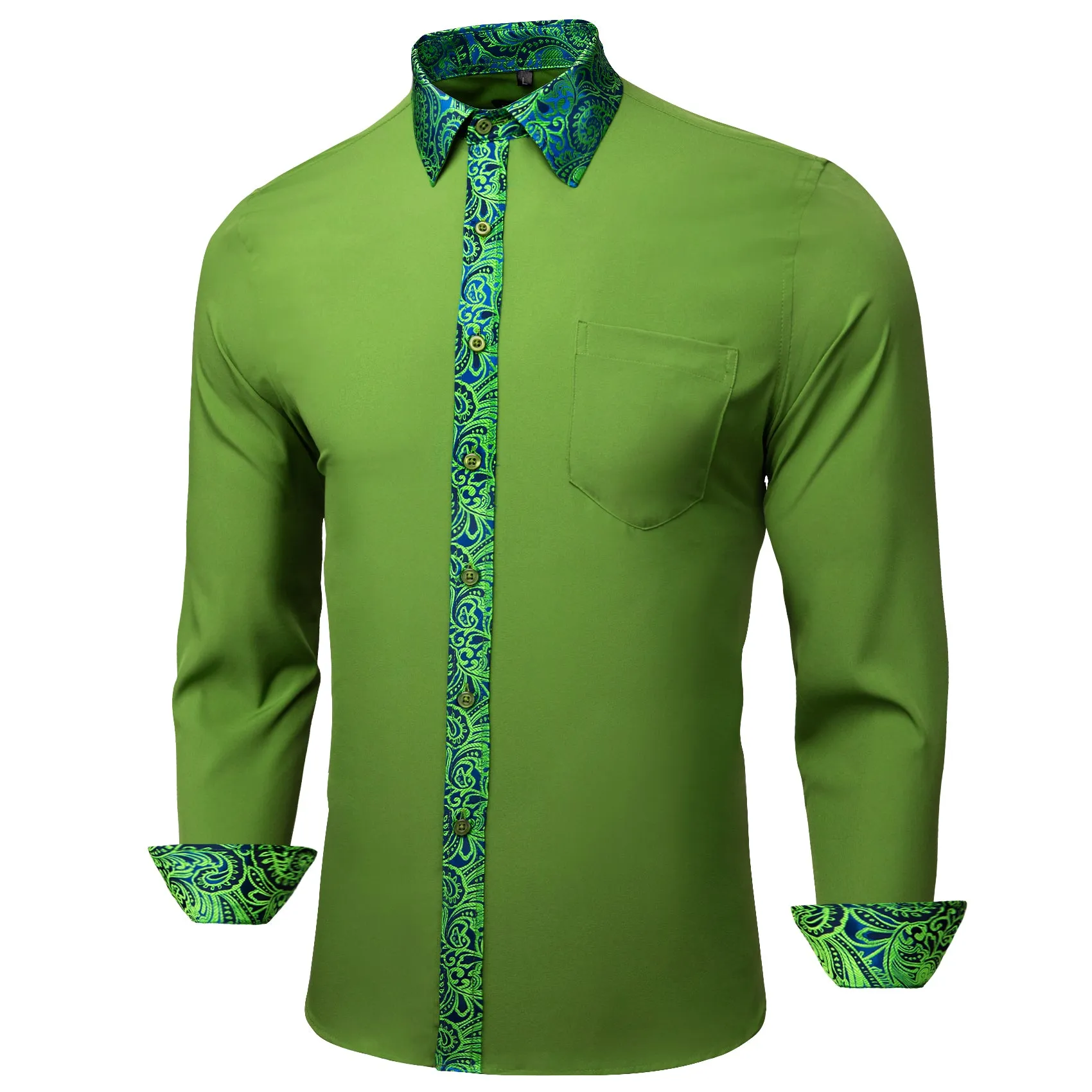 Splicing Style Grass Green with Blue Green Paisley Edge Men's Long Sleeve Shirt