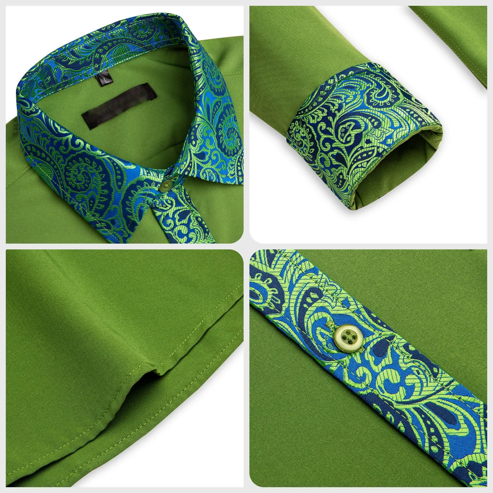 Splicing Style Grass Green with Blue Green Paisley Edge Men's Long Sleeve Shirt