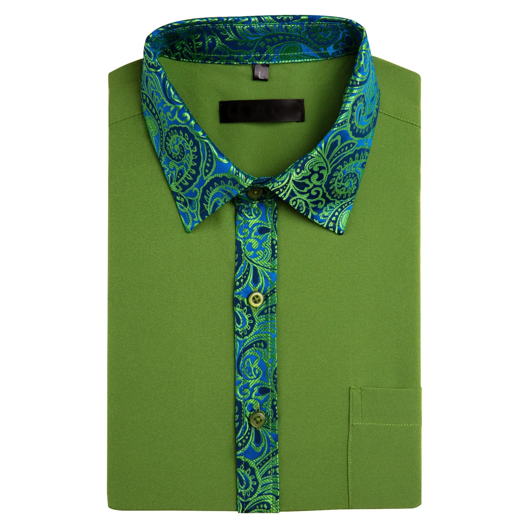 Splicing Style Grass Green with Blue Green Paisley Edge Men's Long Sleeve Shirt