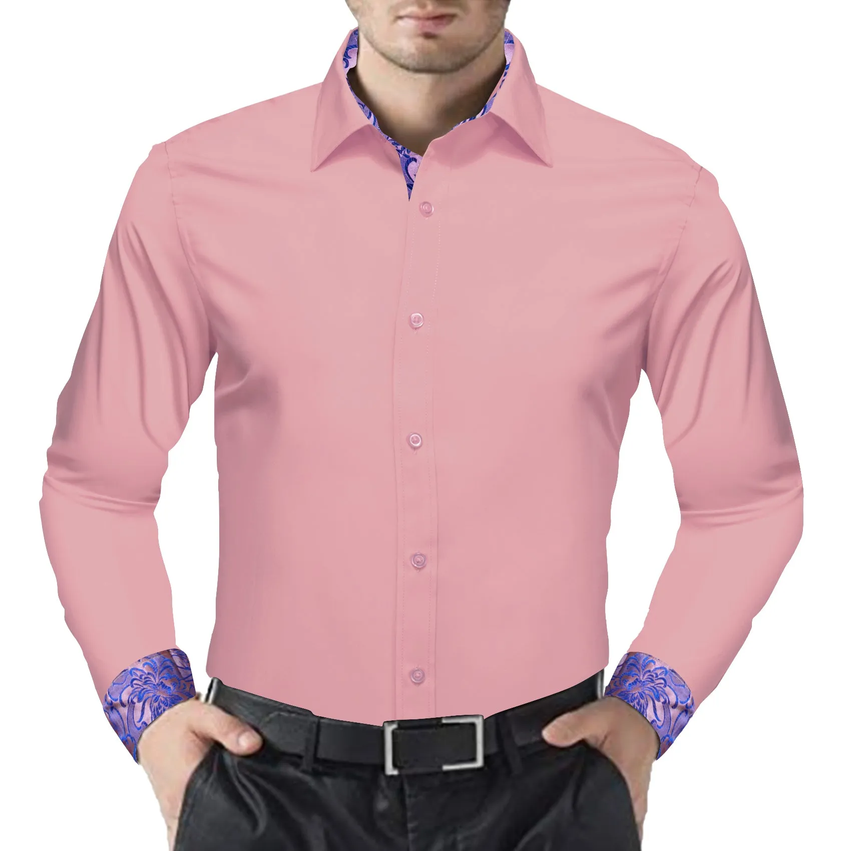 Splicing Style Pink with Purple Floral Edge Men's Long Sleeve Shirt