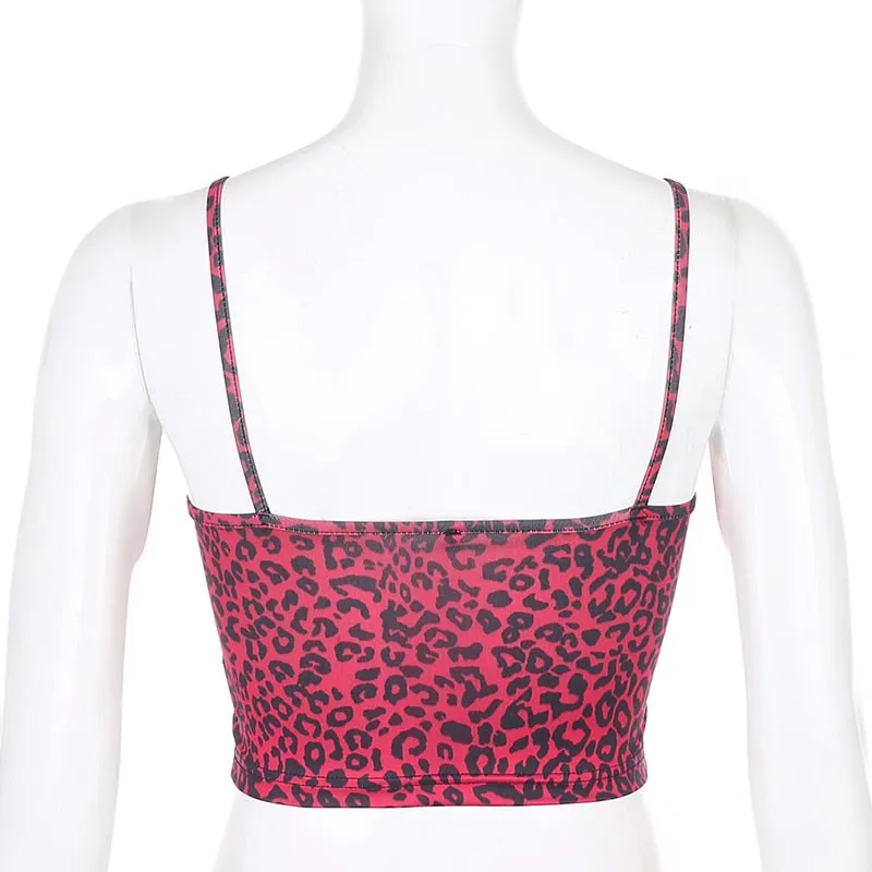 Summer Leopard Print Cross Lace Edge Sleeveless V Neck Sexy Casual Tank Top