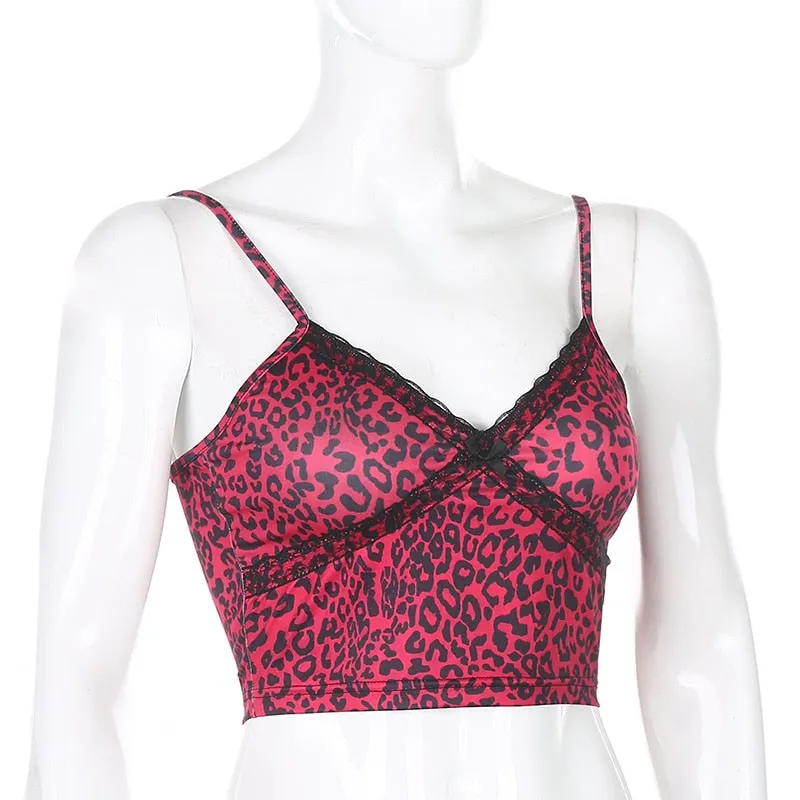 Summer Leopard Print Cross Lace Edge Sleeveless V Neck Sexy Casual Tank Top