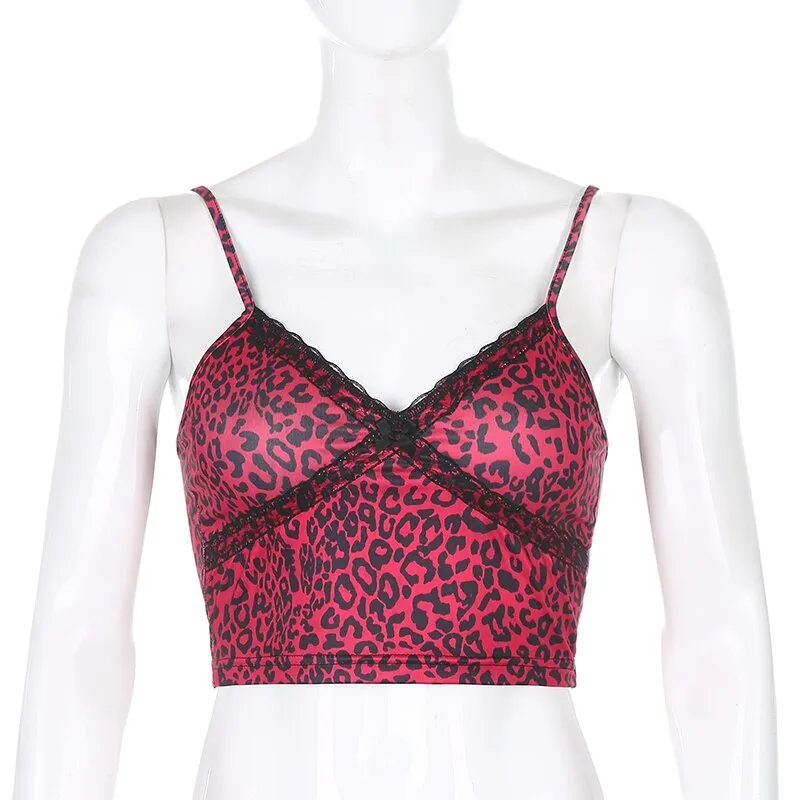 Summer Leopard Print Cross Lace Edge Sleeveless V Neck Sexy Casual Tank Top