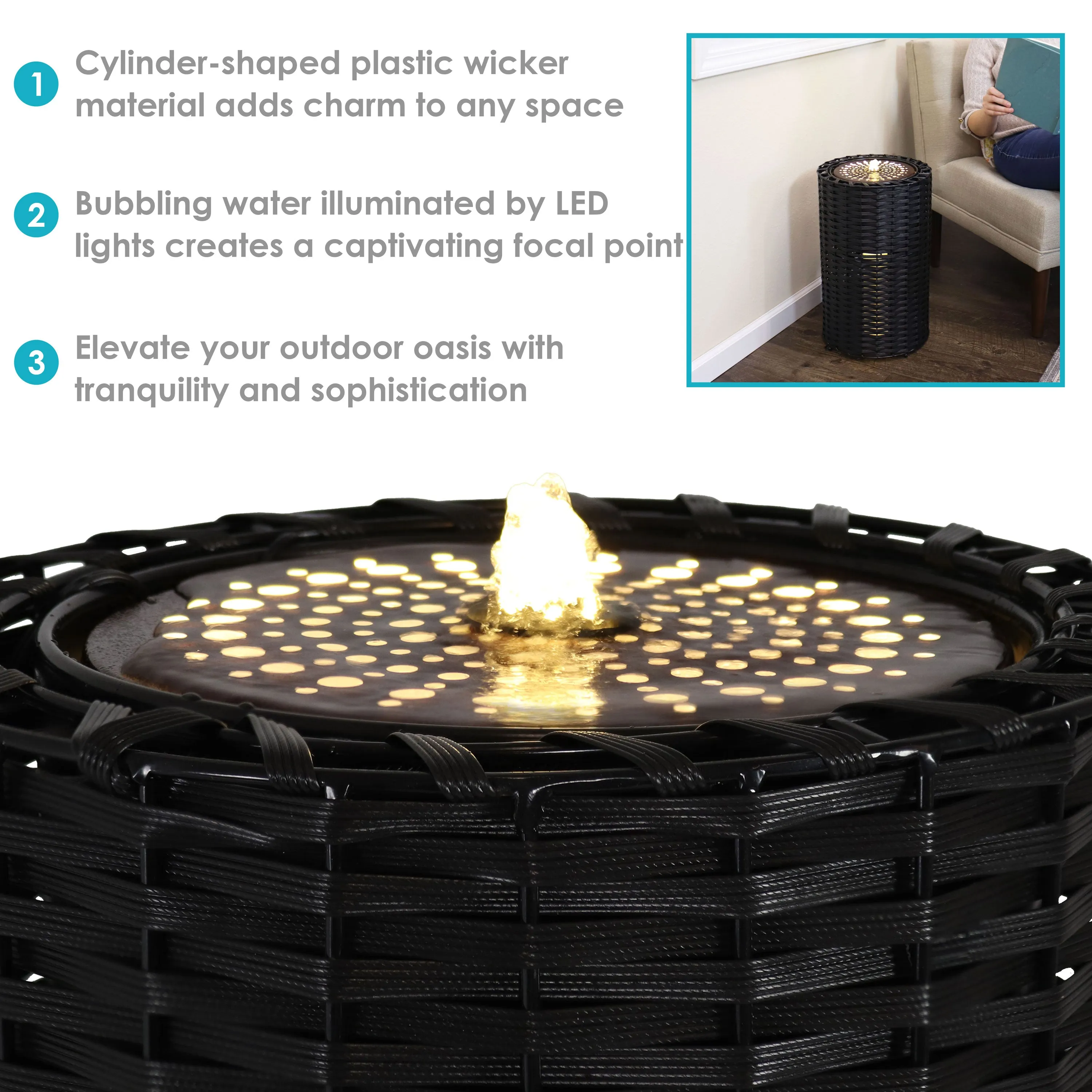 Sunnydaze Plastic Wicker Cylinder Fountain with LED Lights - 20.5"