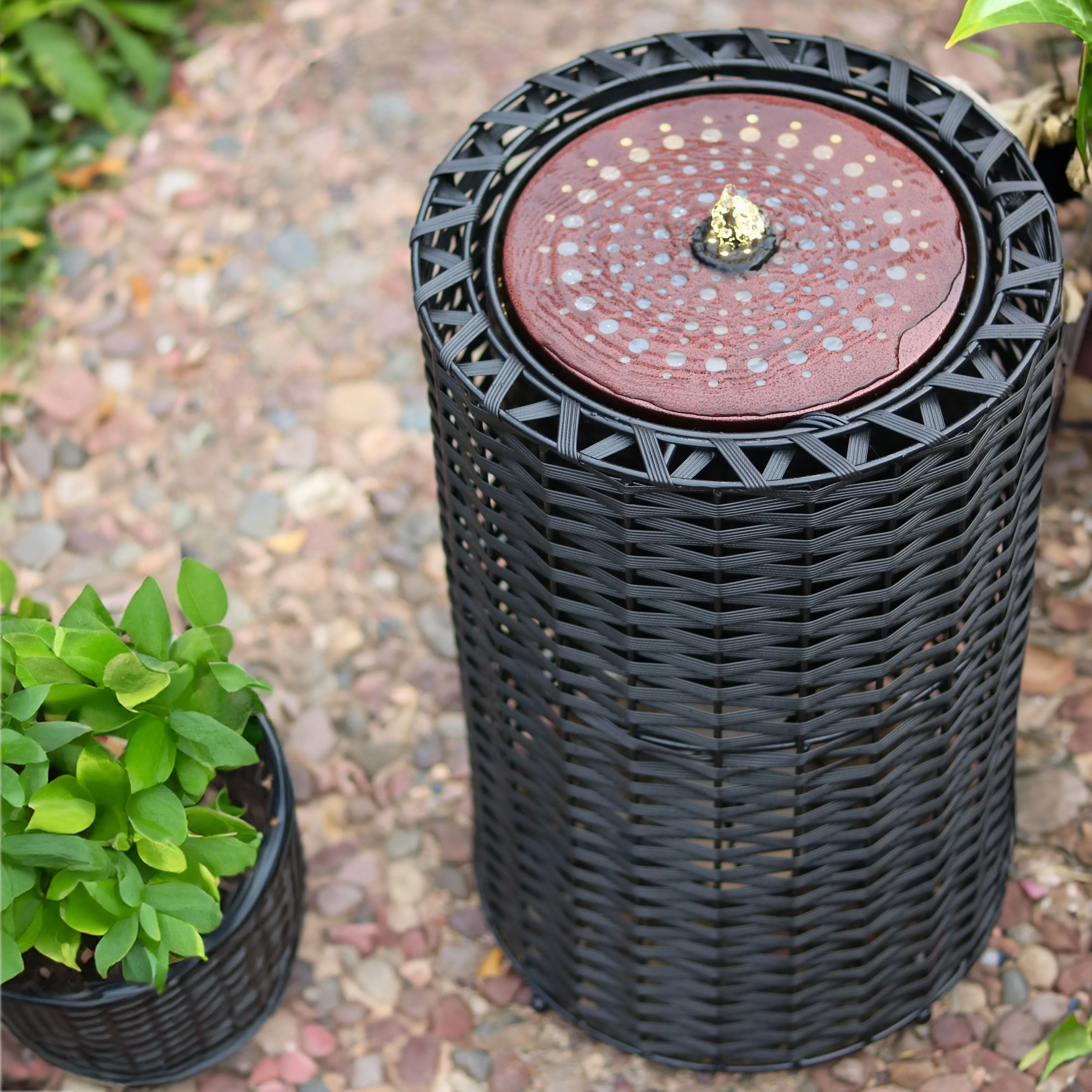 Sunnydaze Plastic Wicker Cylinder Fountain with LED Lights - 20.5"