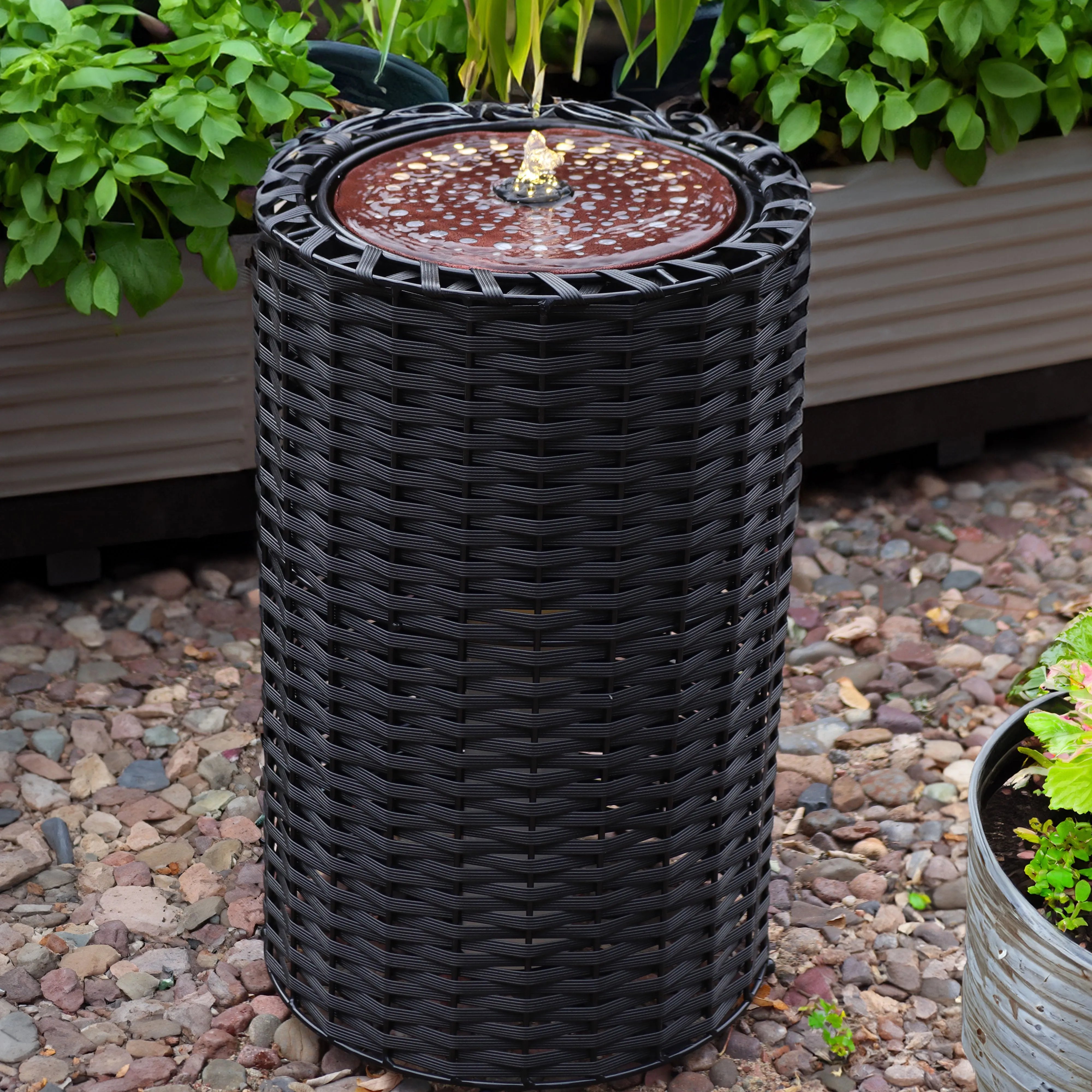 Sunnydaze Plastic Wicker Cylinder Fountain with LED Lights - 20.5"