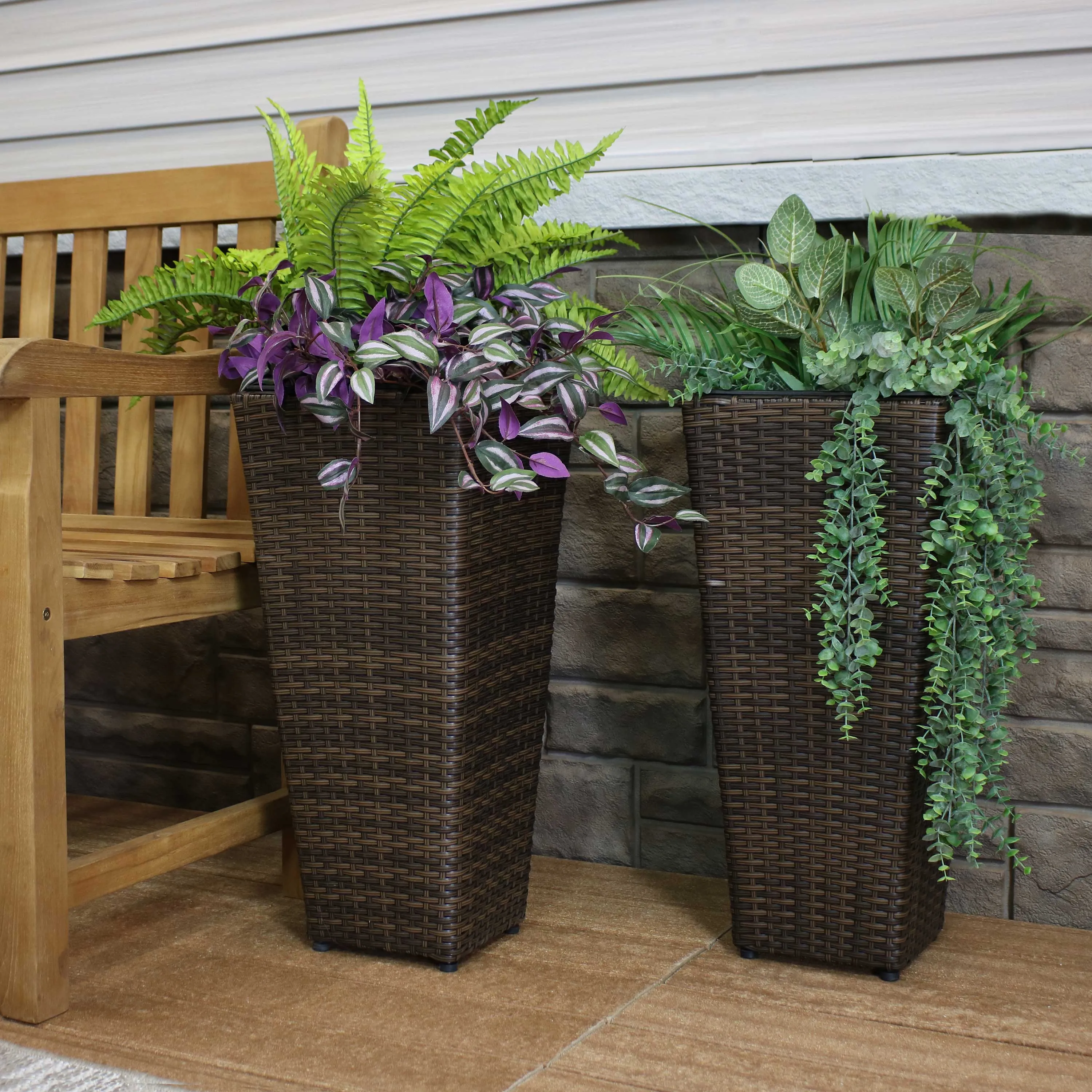 Sunnydaze Polyrattan Tall Square Planter - Brown - Set of 2